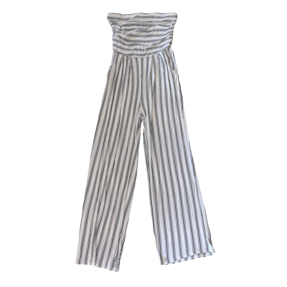Shasa Jumpsuit Women Large White Black Striped Strapless Wide‎ Leg Boho Coastal